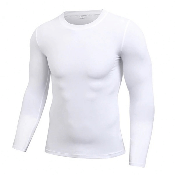 White lightweight sports compression men's shirt, ideal for activities like basketball and cycling, made from polyester and spandex.